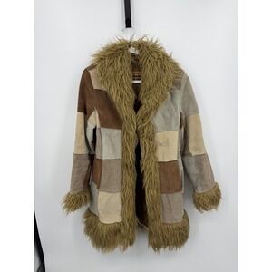 Esprit Patchwork Suede Faux Fur Trim Coat Womens Medium Brown Boho Penny Lane